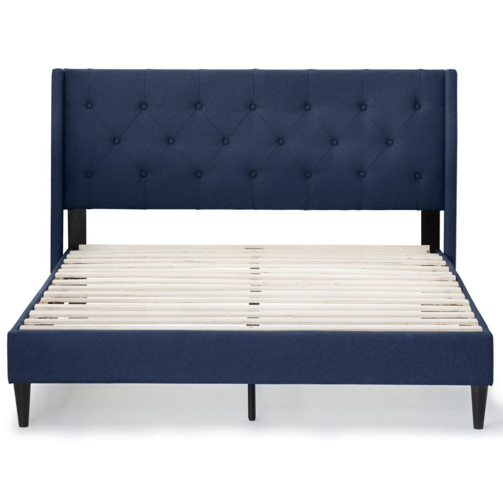 Doms 6.89" Upholstered Platform Bed Frame, Front View, Cobalt