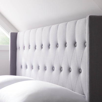 Doms 6.89" Upholstered Platform Bed Frame Inside Of A Bedroom, Detailed View, Stone