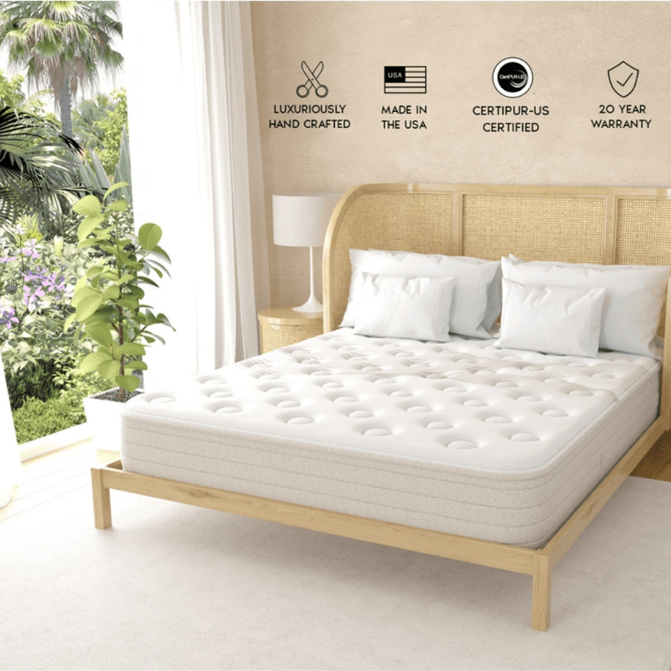 Ethos Cove 13" Hybrid Mattress With Organic Pressure Relieving Latex Foam, Corner View With Product Highlights