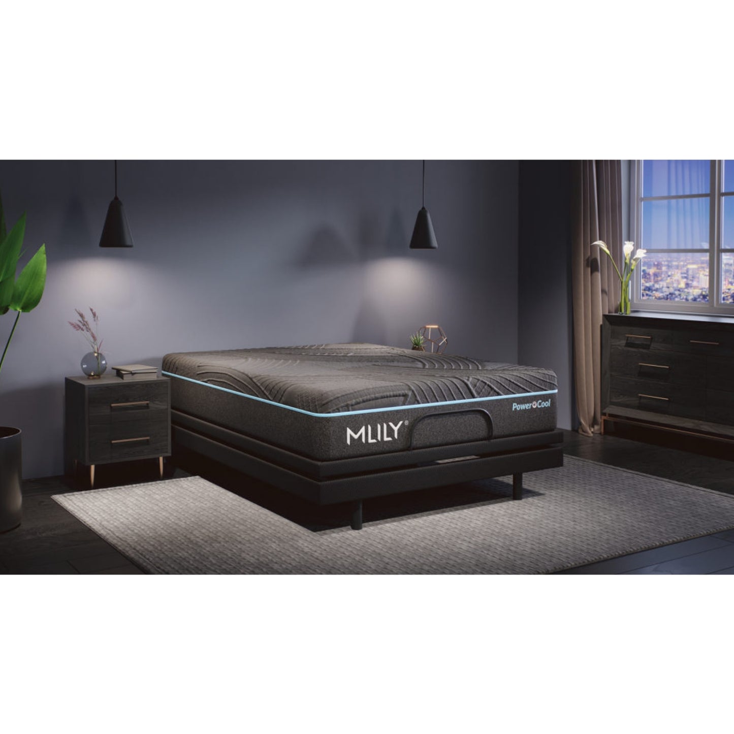 Firm PowerCool 11.5" Hybrid Mattress With Ventilated Memory Foam Pillow(s) And Adjustable Base Featuring Integrated Cooling Fans Inside Of A Bedroom, Flat Position, Corner View