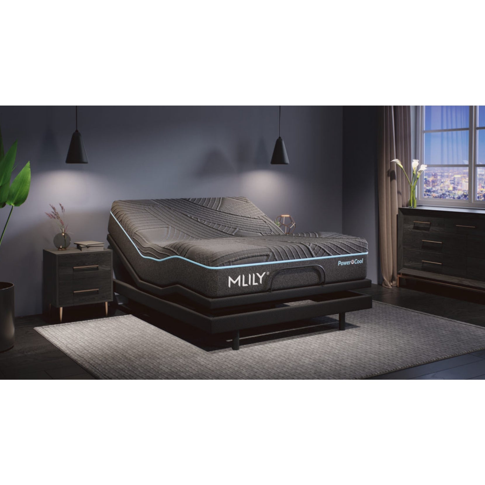Firm PowerCool 11.5" Hybrid Mattress With Ventilated Memory Foam Pillow(s) And Adjustable Base Featuring Integrated Cooling Fans Inside Of A Bedroom With Head And Foot Partially Raised, Corner View