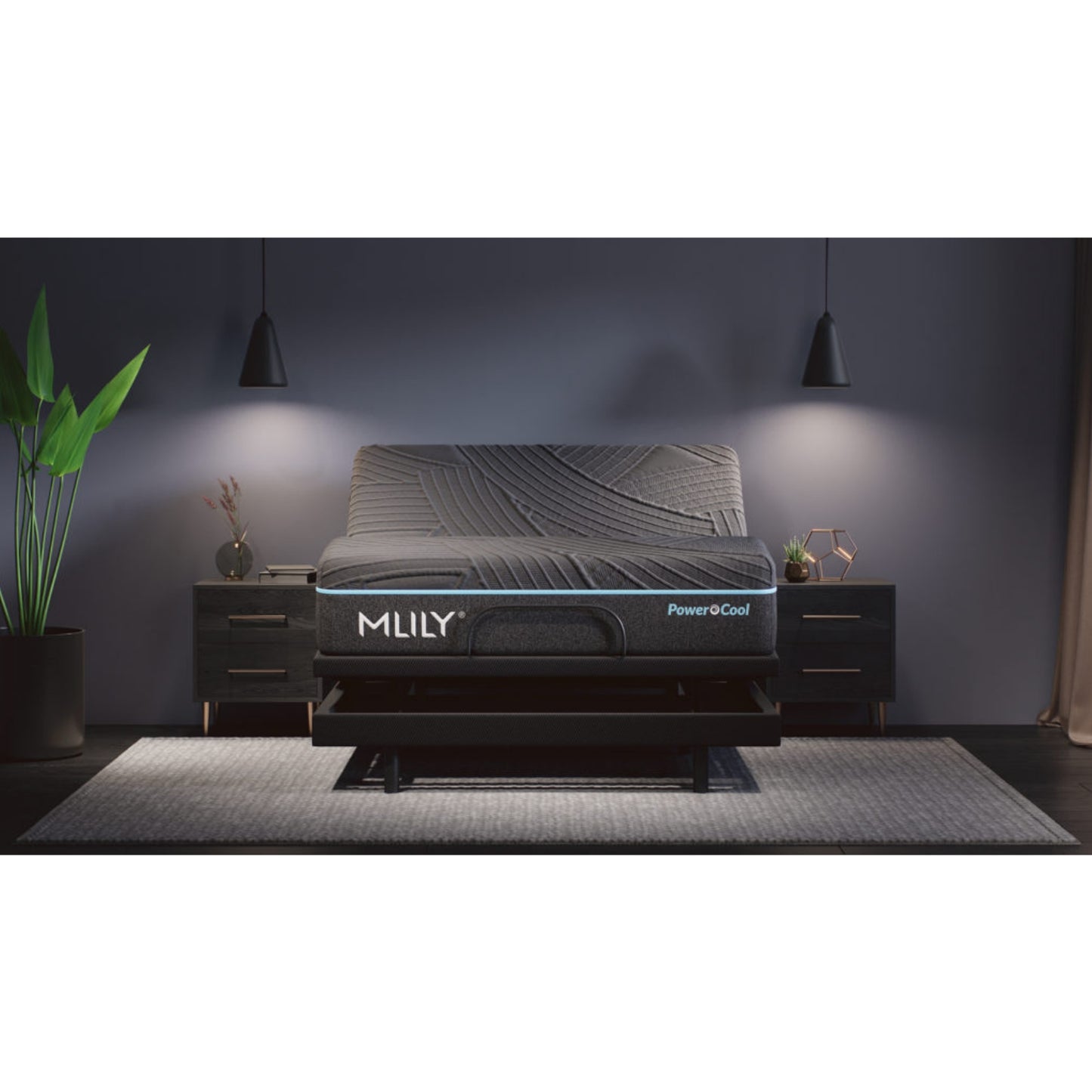 Firm PowerCool 11.5" Hybrid Mattress With Ventilated Memory Foam Pillow(s) And Adjustable Base Featuring Integrated Cooling Fans Inside Of A Bedroom With Head Partially Raised, Front View