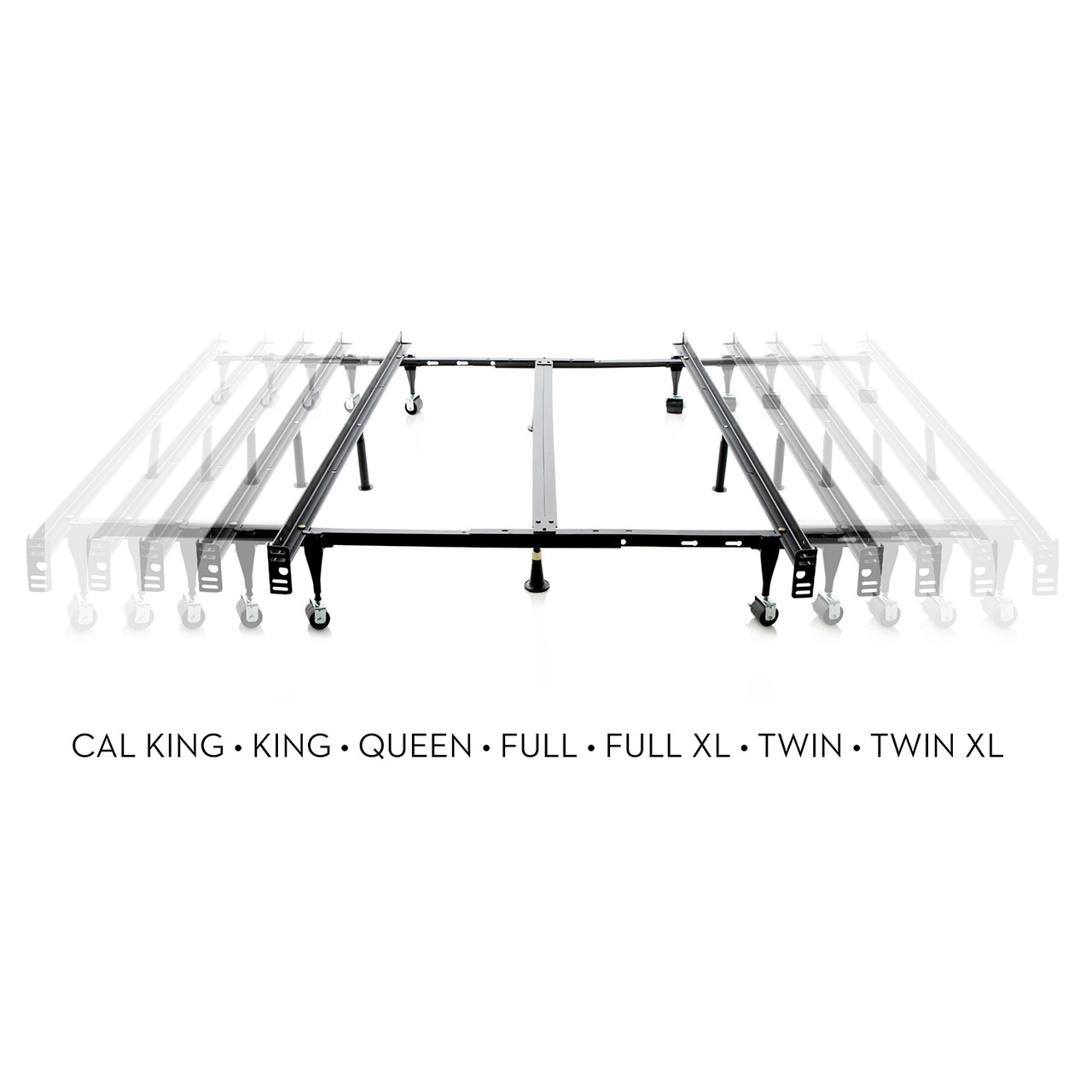 Malouf 8" Universal Steel Bed Frame With Rollers, Expansion View Showing Various Sizes