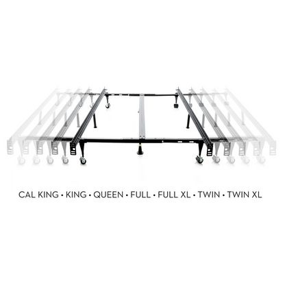 Malouf 8" Universal Steel Bed Frame With Rollers, Expansion View Showing Various Sizes
