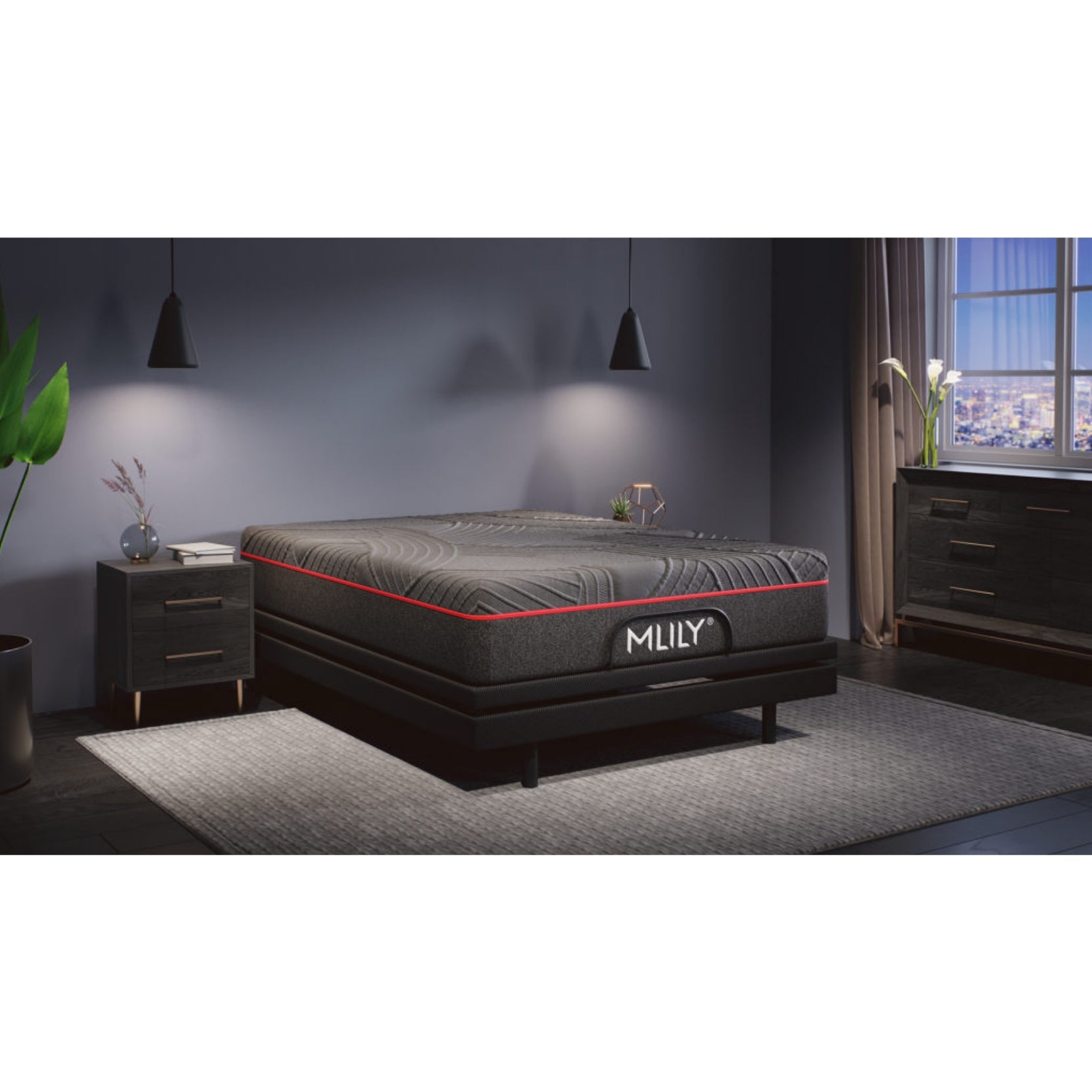 Medium PowerCool 11.5" Hybrid Mattress With Ventilated Memory Foam Pillow(s) And Adjustable Base Featuring Integrated Cooling Fans Inside Of A Bedroom, Flat Position, Corner View