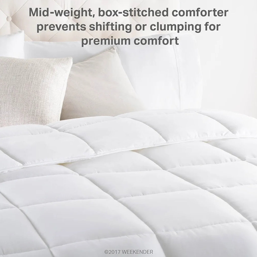 Patricias Down Alternative Microfiber Comforter Inside Of A Bedroom, Zoomed In With Product Highlights